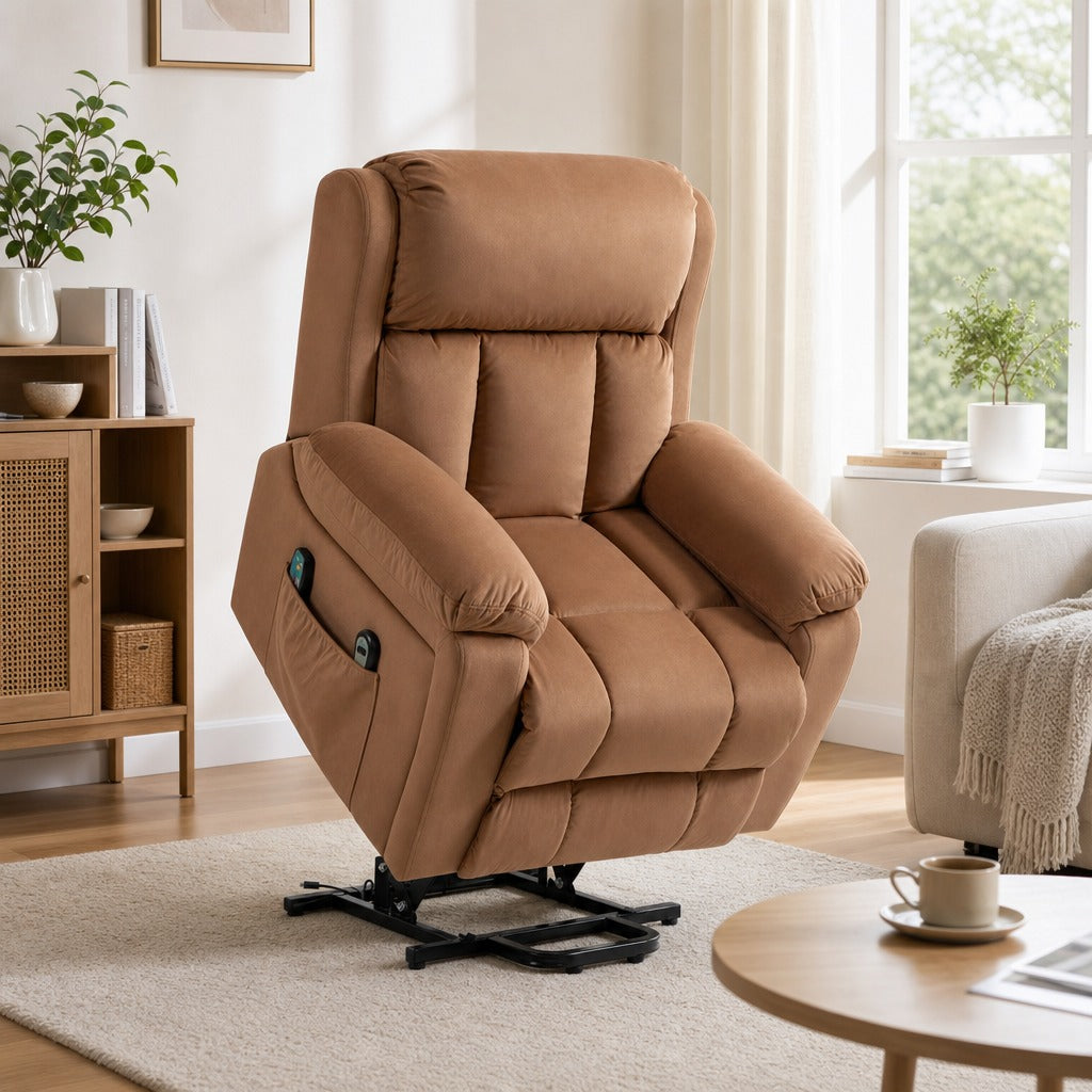 Poltrona Relax Levanta Pessoas Elétrica Poltrona Elevatória com 8 Pontos de Massagem Poltrona Reclinável com Função de Aquecimento Controlo Remoto e Bolso Lateral Marrom — Ambiente | Lifestyle