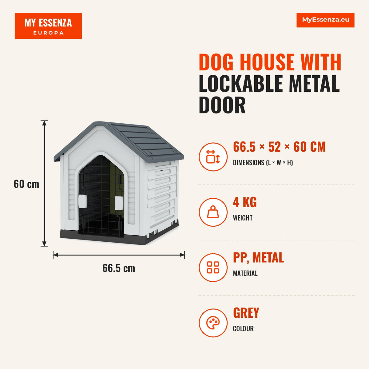 Casota para Cães com Porta Metálica Bloqueável e Tecto Inclinado 66,5 x 52 x 60 cm — Infografia | Infographic — dimensions