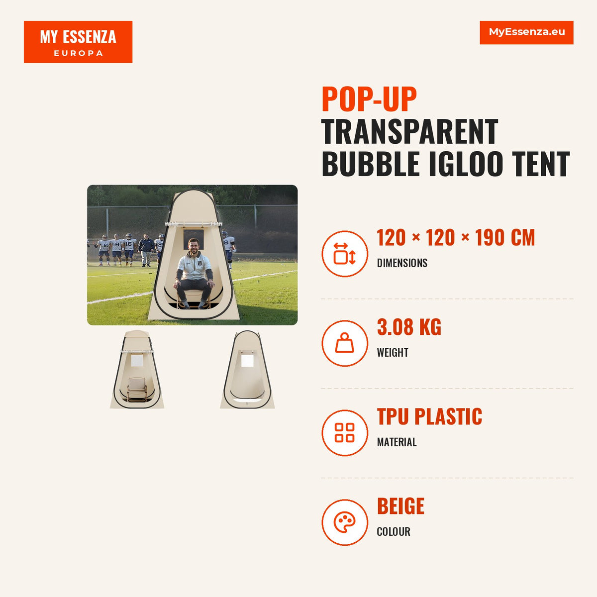 Tenda iglu 1,2x1,2 m bolha transparente 1 pessoa, impermeável — Infografia | Infographic — dimensions