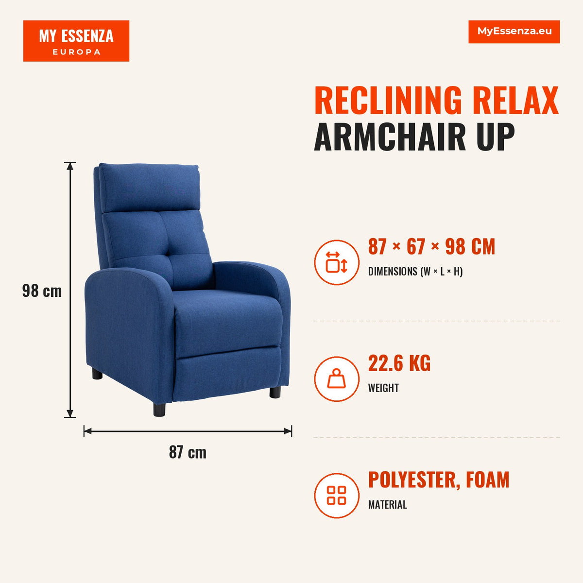 Poltrona Relax Reclinável até 155° Poltrona Reclinável Manual Estofado em Tecido Carga Máxima 150 kg para Pessoas com Altura Inferior 195 cm 67x87x98  — Infografia | Infographic — dimensions