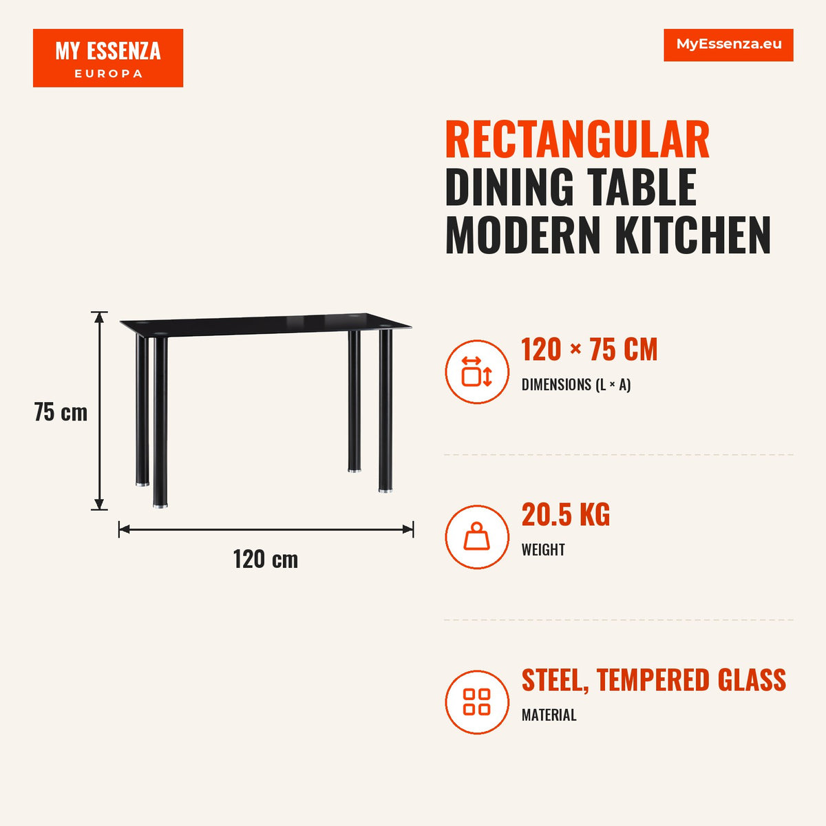 Mesa de Jantar Retangular Mesa de Cozinha Moderna com Bancada de Vidro Temperado e Pés de Aço para Sala de Jantar Escritório 120x60x75cm Preto — Infografia | Infographic — dimensions