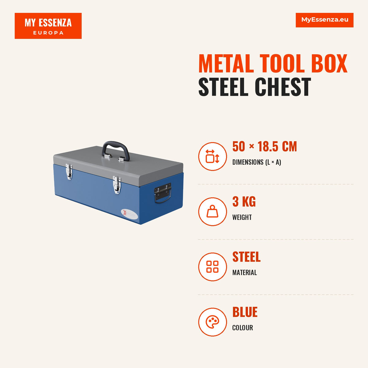 Caixa de Ferramentas Metálica Baú de Ferramentas de Aço 50x26x18,5 cm com Pegas de Transporte Carga 20 kg Cinza e Azul — Infografia | Infographic — dimensions
