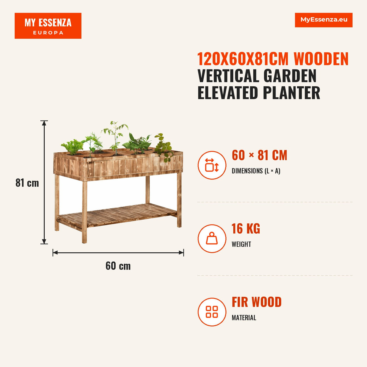 Horta Vertical de Madeira 120x60x81cm Floreira Elevada para Cultivo de Plantas Flores com Prateleira Inferior para Jardim Terraço Exterior Madeira — Infografia | Infographic — dimensions