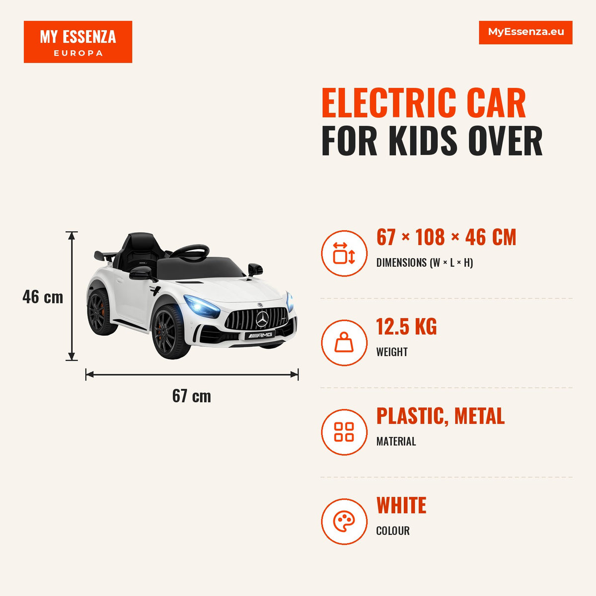 Carro Elétrico para Crianças acima de 3 Anos Carro Mercedes-Benz AMG GTR Carro Elétrico Infantil com Bateria 12V Controlo Remoto Faróis Buzina e Músic — Infografia | Infographic — dimensions