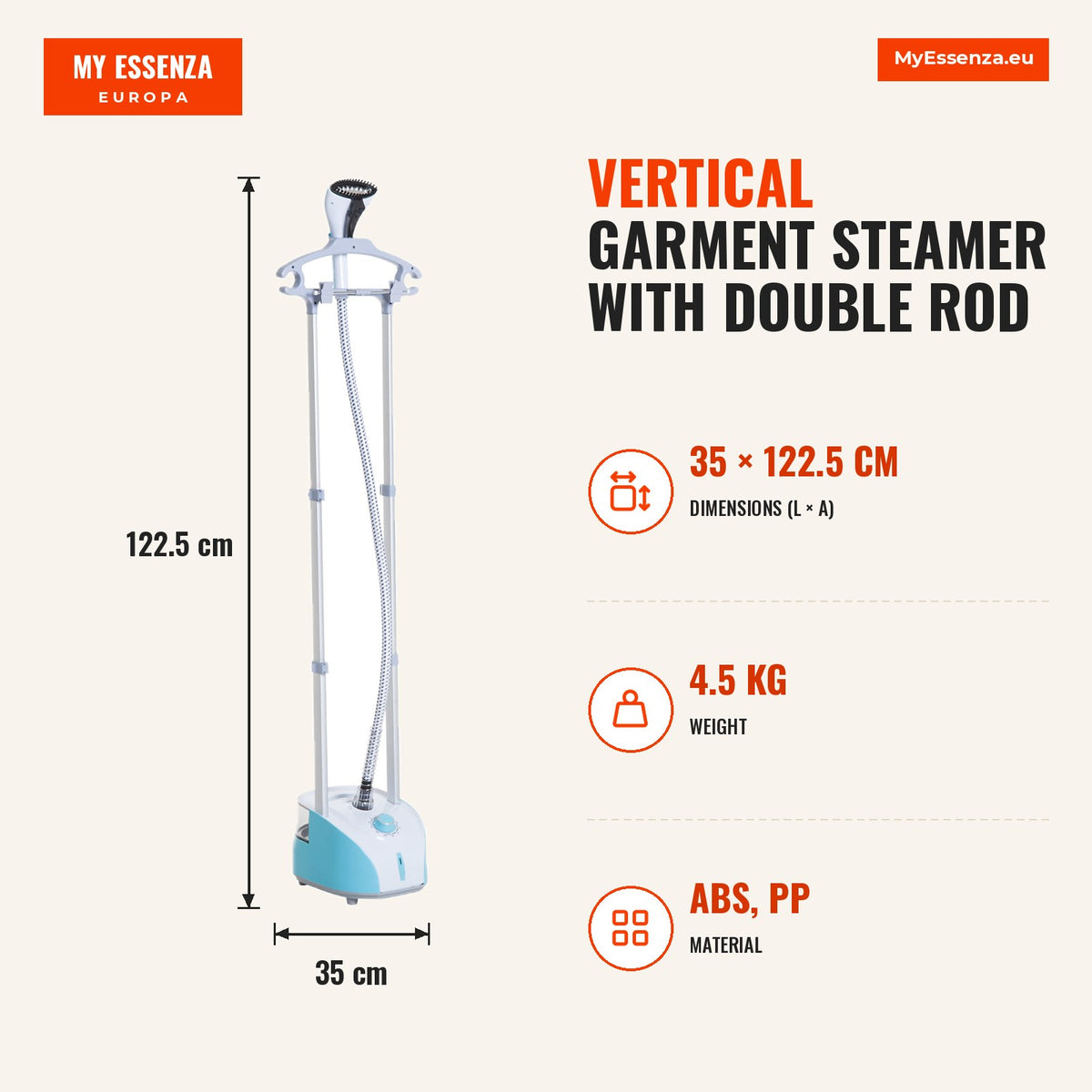 Ferro de Engomar Vertical com Barra Dupla Depósito 2L Ferro de Engomar a Vapor 1950W Saída de Vapor 32g/min e Temperatura Ajustável em 11 Níveis Azul  — Infografia | Infographic — dimensions