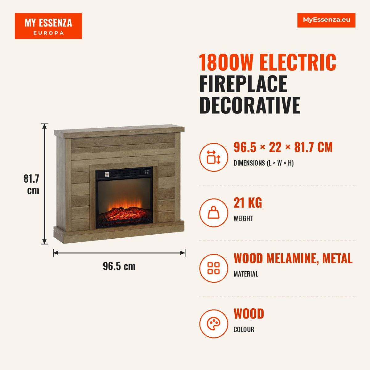 Lareira Elétrica 1800W Lareira Decorativa com Efeito de Chama Realista Controlo Remoto Temporizador Semanal Proteção Contra Sobreaquecimento para Ambi — Infografia | Infographic — dimensions