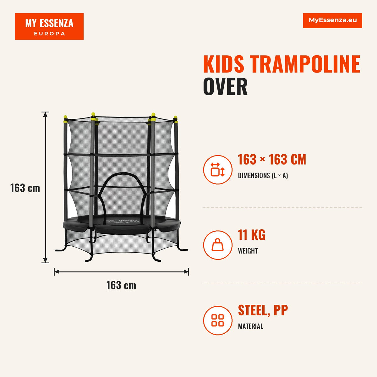 Trampolim para Crianças acima de 3 Anos Cama Elástica Infantil com Rede de Segurança e Estrutura de Aço para Interiores e Exteriores Carga 45kg 163x16 — Infografia | Infographic — dimensions