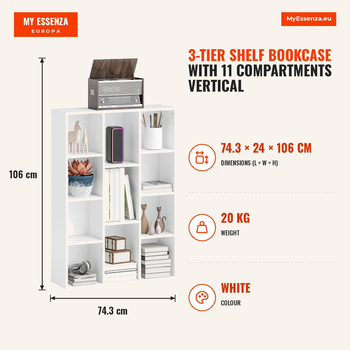 Estante de 3 Níveis Estante para Livros com 11 Compartimentos Desenho Vertical ou Horizontal para Sala de Estar Escritório Dormitório 74,3x24x106 cm B — Infografia | Infographic — dimensions