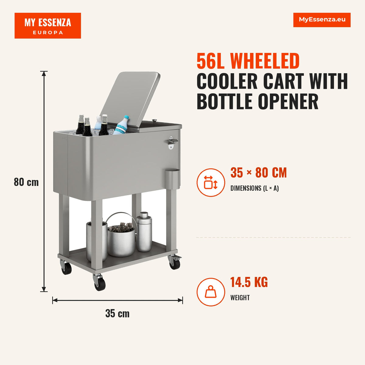 Carrinho Refrigerador de Bebidas de 56L Carrinho Refrigerador com Rodas Abridor de Garrafas e Prateleira para Pátio Festas Terraço Praia 67x35x80 cm C — Infografia | Infographic — dimensions