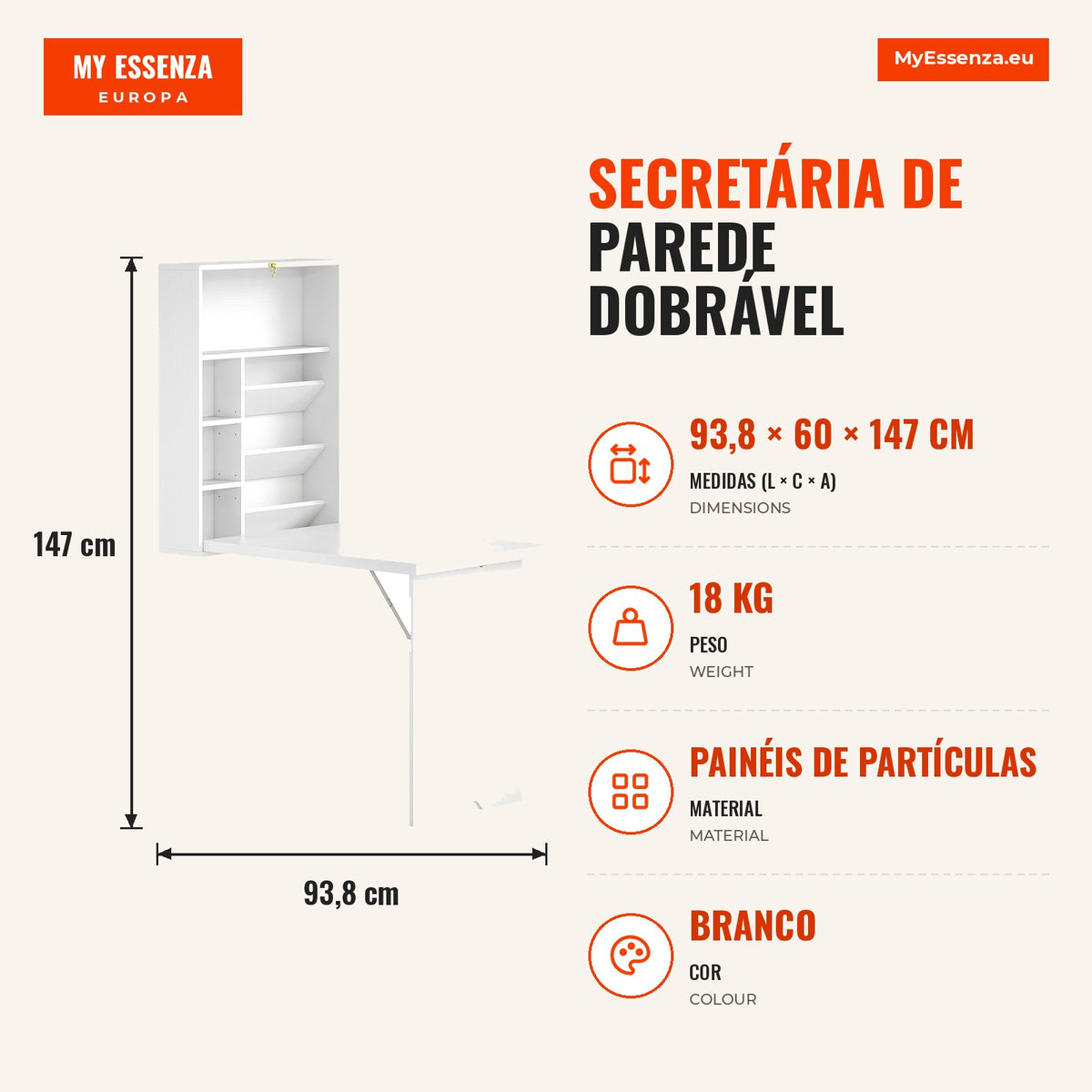 Secretária de parede dobrável, mesa mural dobrável com prateleiras para sala, sala de jantar, escritório, 93,8 x 60 x 147 cm, branco — infografia 1