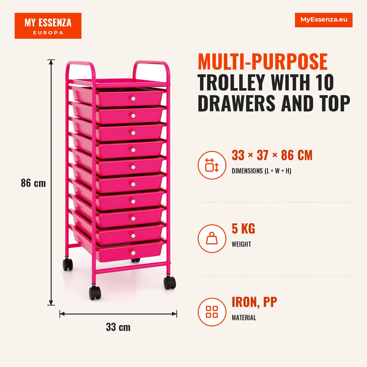 Carro multiusos com 10 gavetas e estante superior com rodas – Rosa Escuro — Infografia | Infographic — dimensions