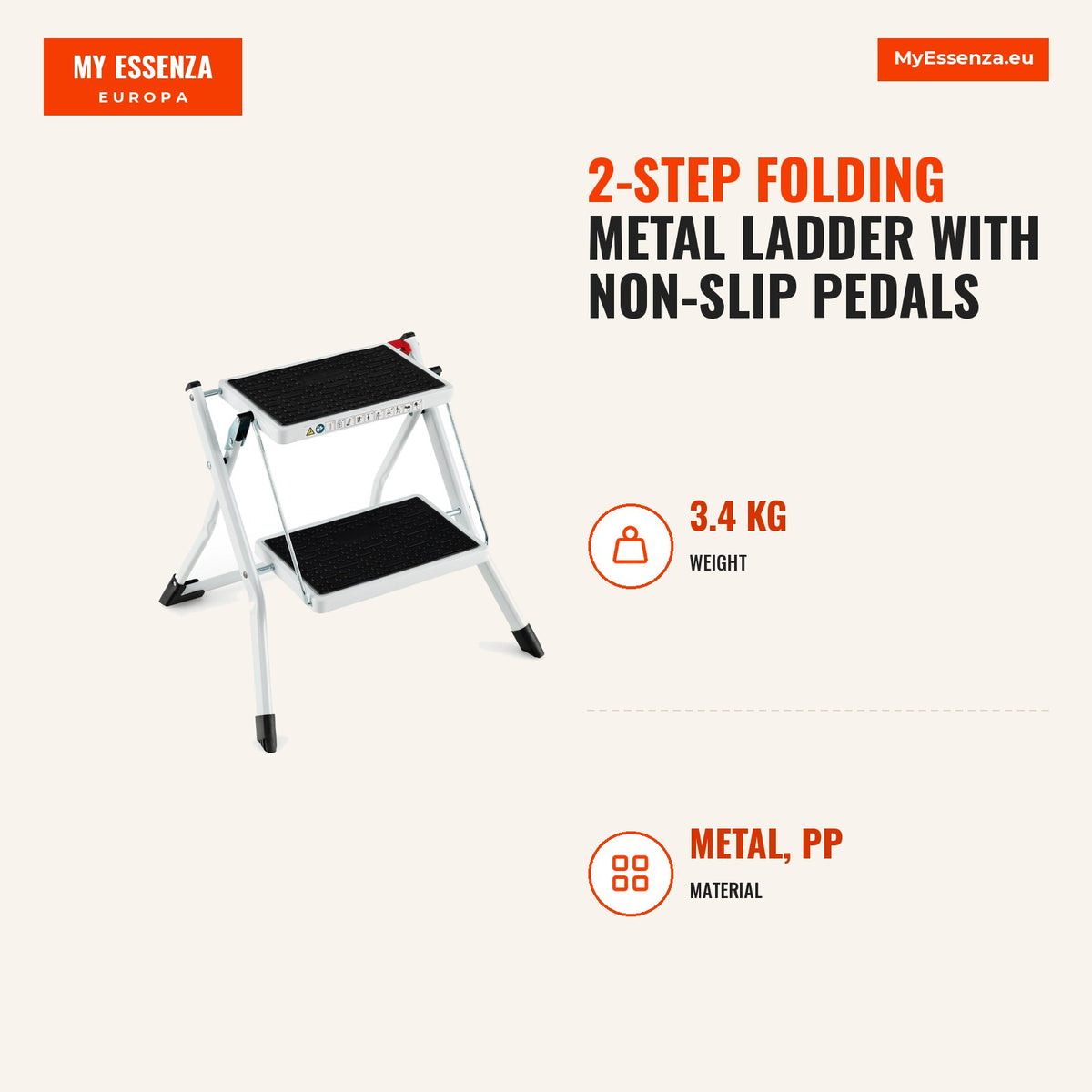 Escada de 2 Degraus Dobrável em Metal com Pedais Antideslizantes e Almofadas para os Pés, Capacidade 150 kg, Branco e Preto — Infografia | Infographic — dimensions