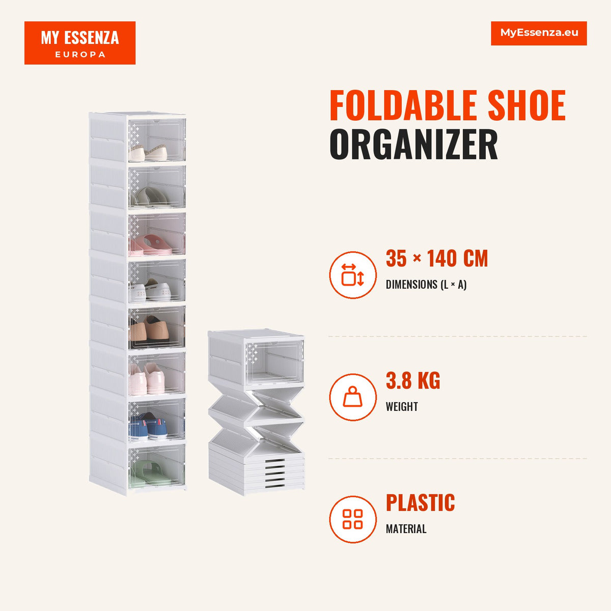 Sapateira Dobrável Organizador para Sapatos de 8 Níveis com Portas Transparentes para Sapatos até Tamanho 43 Não Requer Montagem 26x35x140 cm Branco — Infografia | Infographic — dimensions