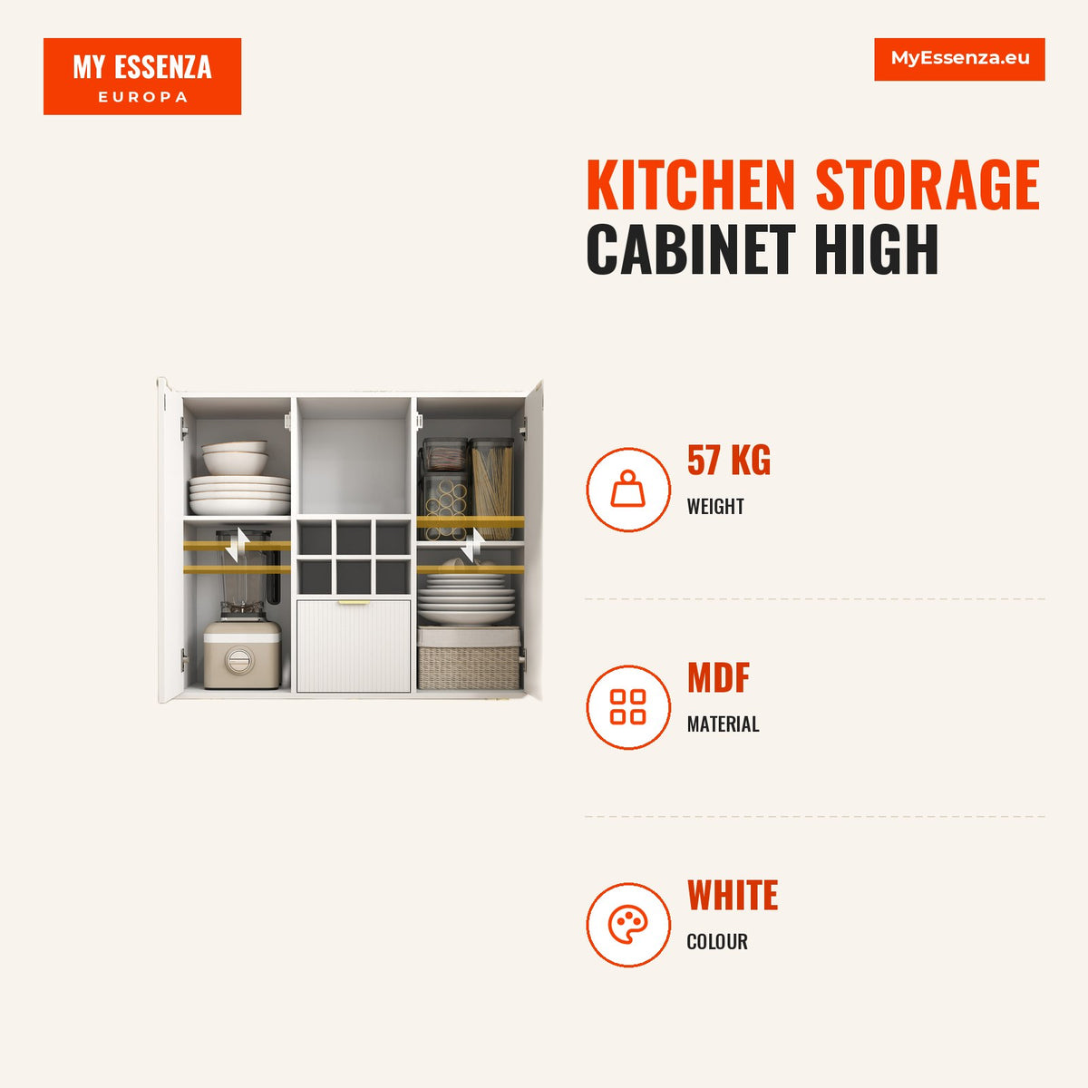 Armário de Cozinha Móvel Auxiliar de Cozinha Armário Alto com 3 Portas de Vidro Suporte para Garrafas Gaveta Prateleiras Ajustáveis e Compartimentos A — Infografia | Infographic — dimensions