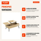 Mesa de Centro Elevável com Duplo Tampo Mesa de Sala com Compartimento Oculto e Pés de Metal Madeira Natural — infografia 1