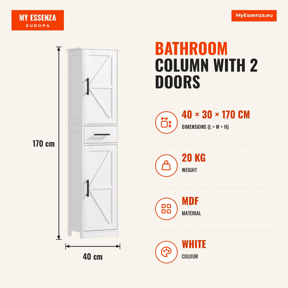 Coluna de Casa de Banho com 2 Portas 1 Gaveta e 2 Prateleiras Ajustáveis Armário Alto de Casa de Banho Estreito Estilo Rústico 40x30x170 cm Branco — Infografia | Infographic — dimensions