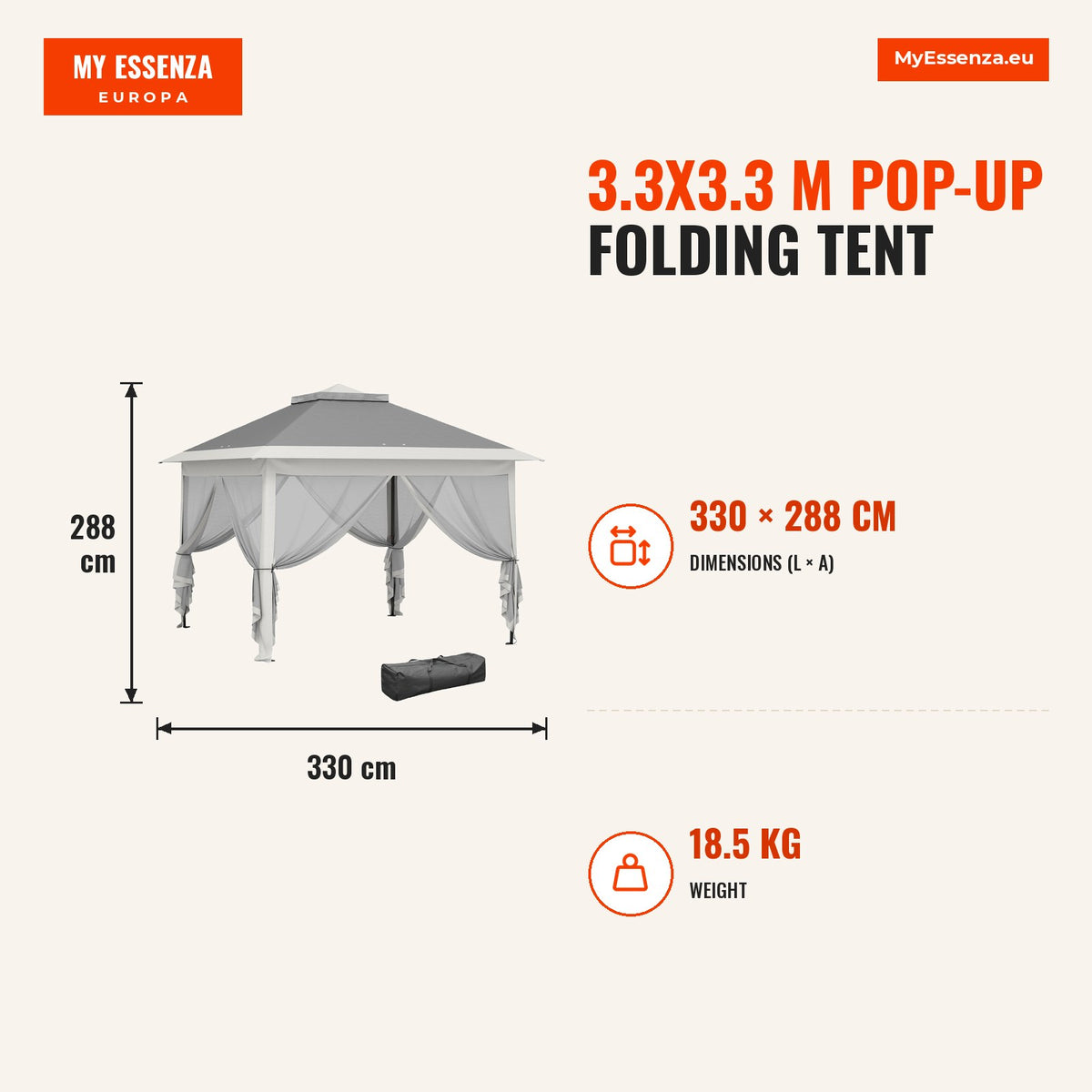 Tenda Dobrável 3,3x3,3 m Pop-Up, Pérgola de Jardim com Altura Ajustável (3 Níveis), Teto Duplo, 4 Mosquiteiros Removíveis e Bolsa de Transporte, Imper — Infografia | Infographic — dimensions