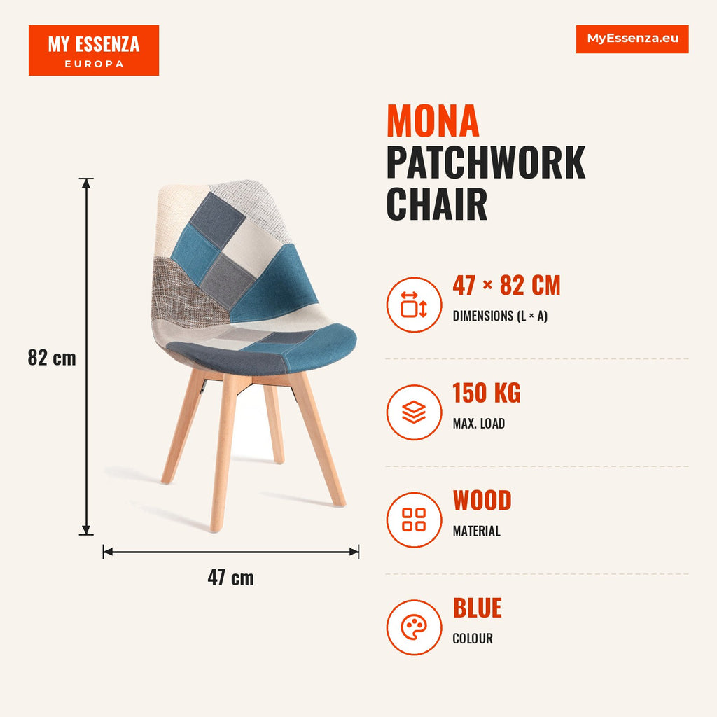Cadeira Mona Patchwork — Azul — Infografia | Infographic — dimensions