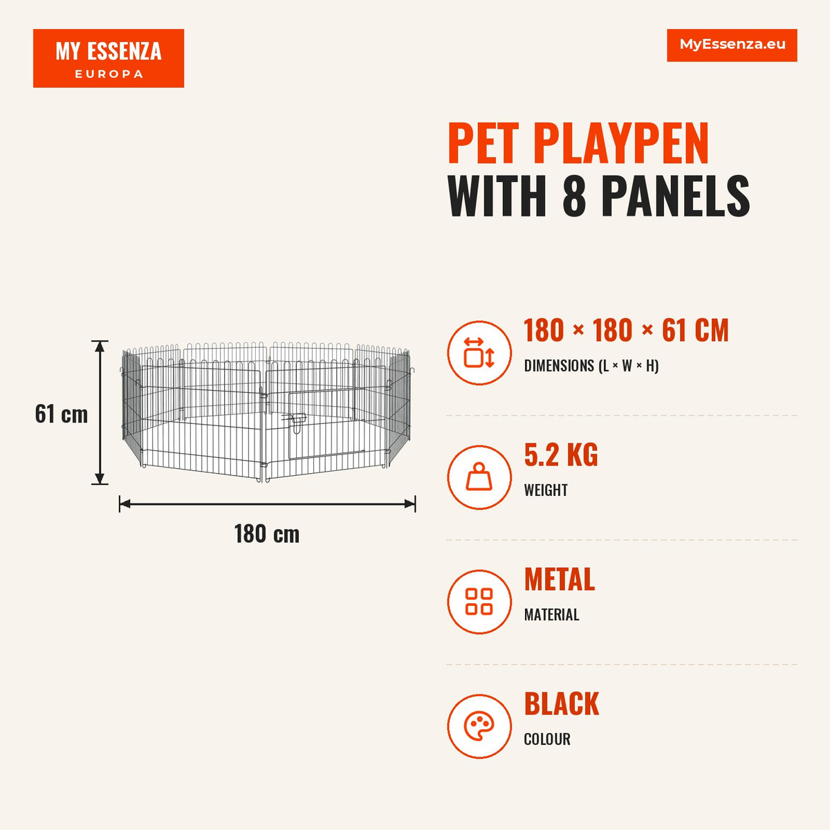 Parque para Animais de Estimação com 8 Paineis 71x61cm Dobrável Cerca para Animais de Estimação com Porta com Trava para Jardim Pátio Exterior Preto — Infografia | Infographic — dimensions
