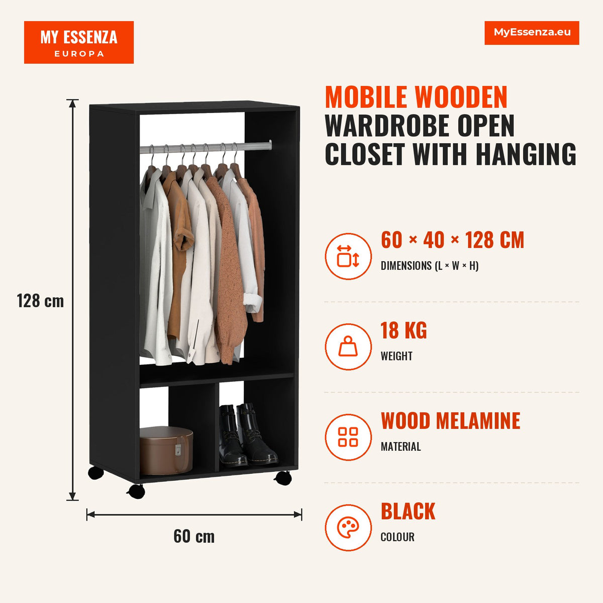 Roupeiro de Madeira Móvel Armário Roupeiro Aberto com Barra para Pendurar e Prateleiras Organizadoras para Dormitório 60x40x128 cm Preto — Infografia | Infographic — dimensions