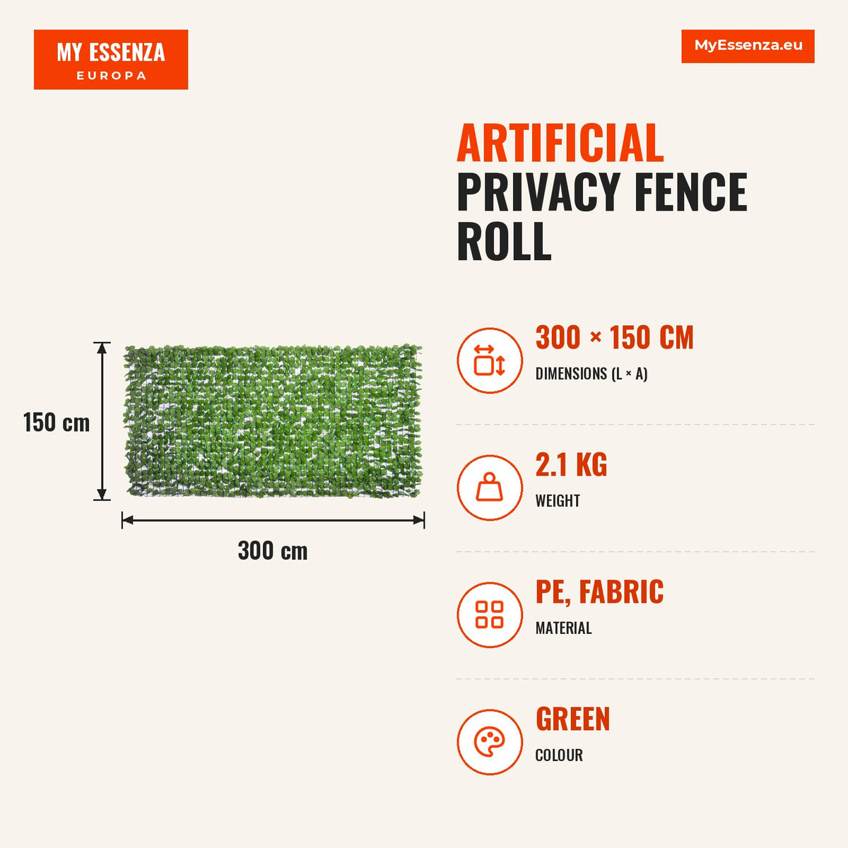 Vedação Artificial em Rolo 3x1,5m Vedação de Privacidade para Balcão Jardim Exterior Planta Decorativa de Parede PE Verde — Infografia | Infographic — dimensions