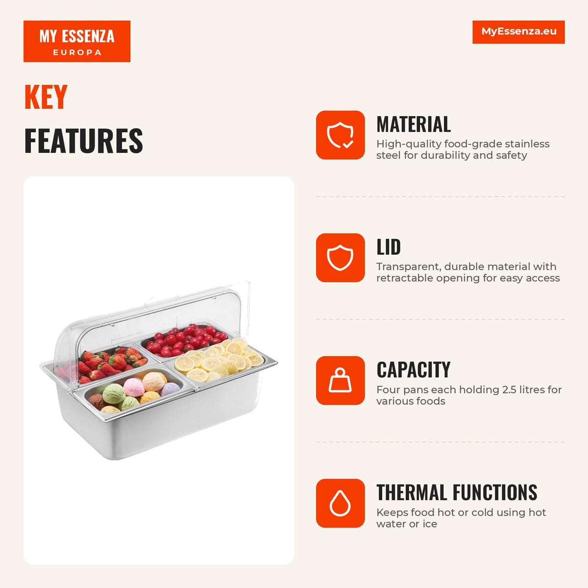 Expositor de comida de bancada, 4 cubas 2,5 L, inox, tampa transparente — Infografia | Infographic — dimensions