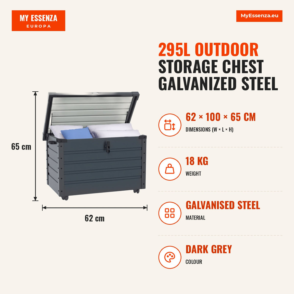 Baú de Exterior 295 L Baú de Armazenamento de Aço Galvanizado com 4 Rodas 2 Pegas e 1 Fechadura com Chave para Jardim Pátio 100x62x65 cm Cinza Escuro — Infografia | Infographic — dimensions