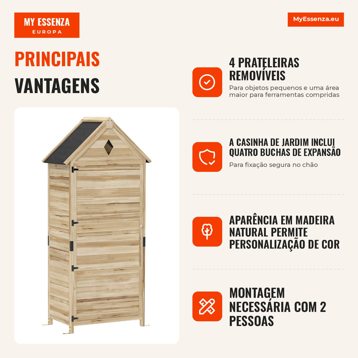 Abrigo de jardim com 4 prateleiras, Galpão de armazenamento em madeira, Telhado de betume impermeável, 80 x 49 x 170 cm, Hellbraun — infografia 1