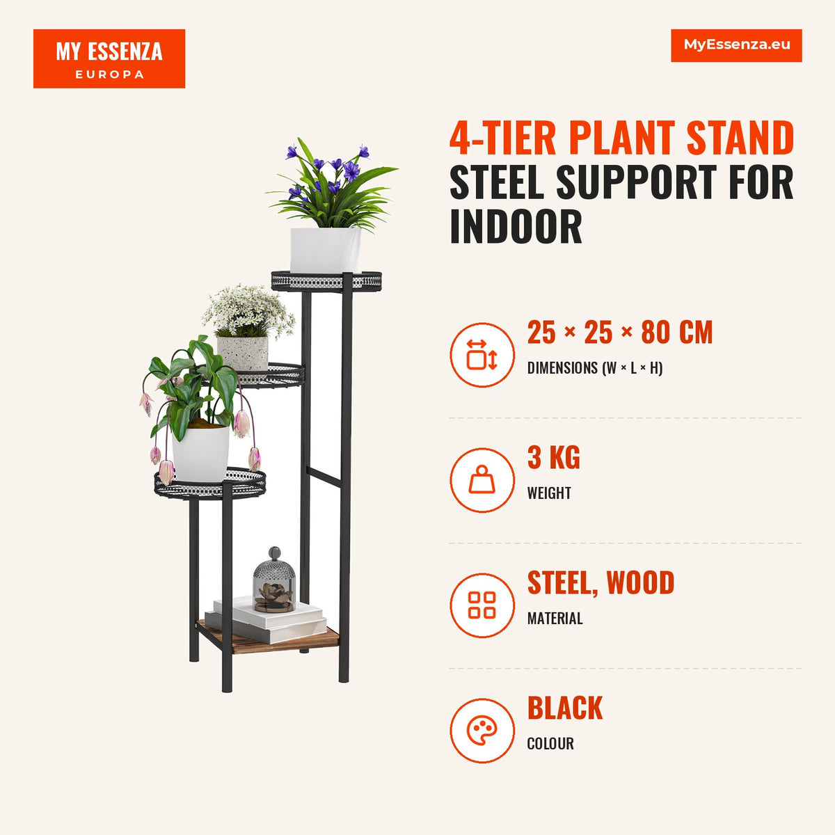 Suporte para Plantas de 4 Níveis Suporte de Aço pata Plantas de Interior e Exterior 25x25x80 cm Preto — Infografia | Infographic — dimensions