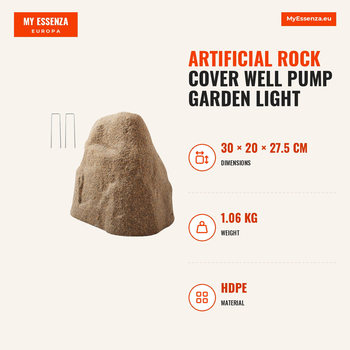 Cobertura rocha artificial poço bomba jardim marrom claro — Infografia | Infographic — dimensions