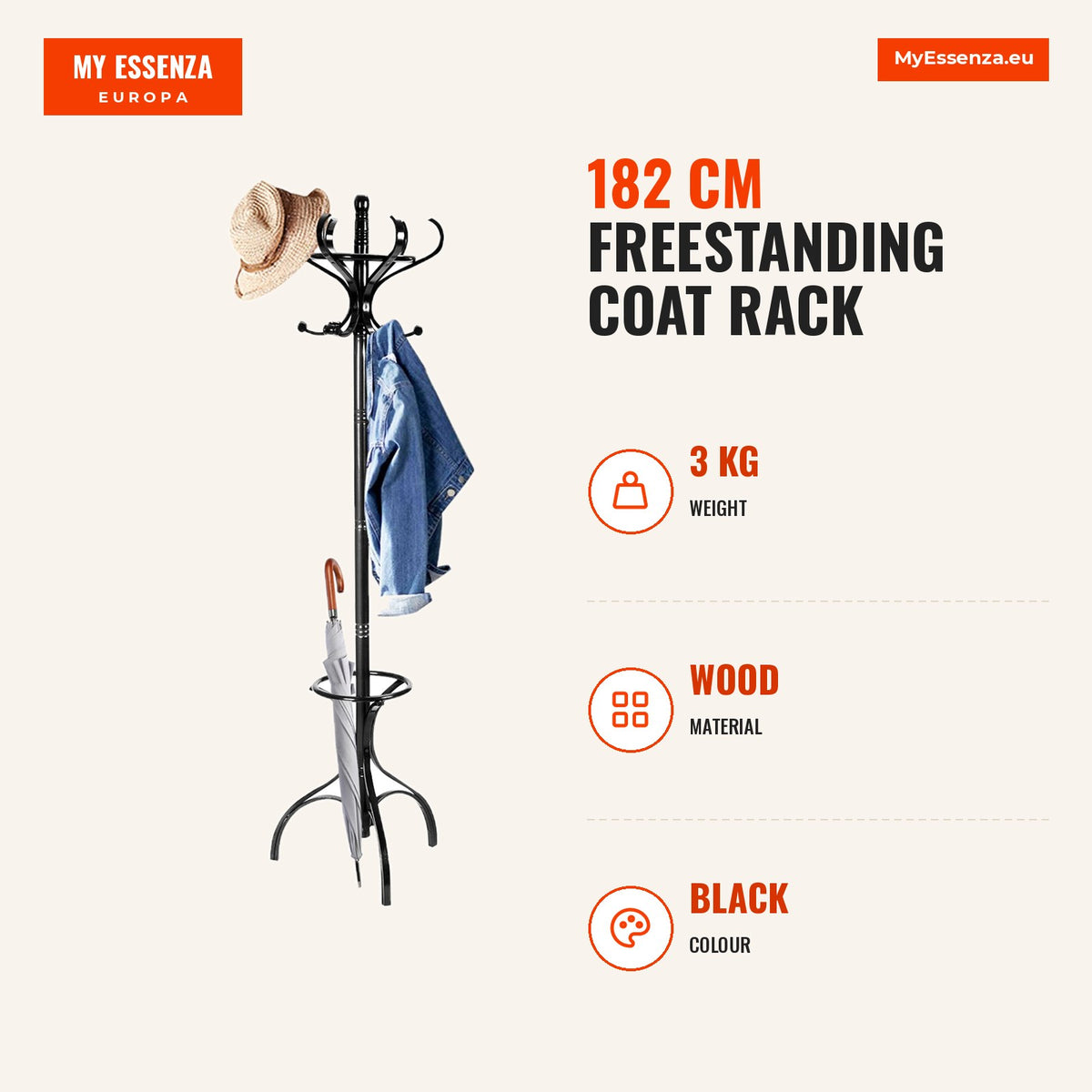 Percheiro de Pé 182 cm com 12 Ganchos de Madeira para Quarto, Escritório e Corredor Preto — Infografia | Infographic — dimensions