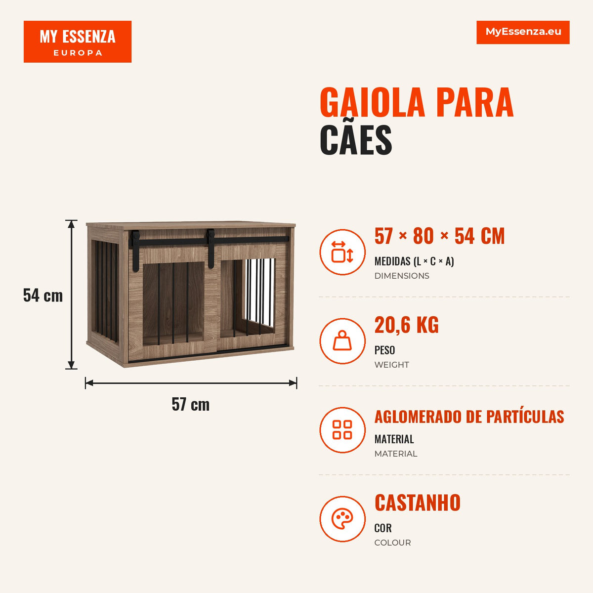 Gaiola para Cães 2 em 1 Gaiola com Efeito Madeira e Porta Deslizante 80x54x57 cm Cor Nogueira e Preto — infografia 1