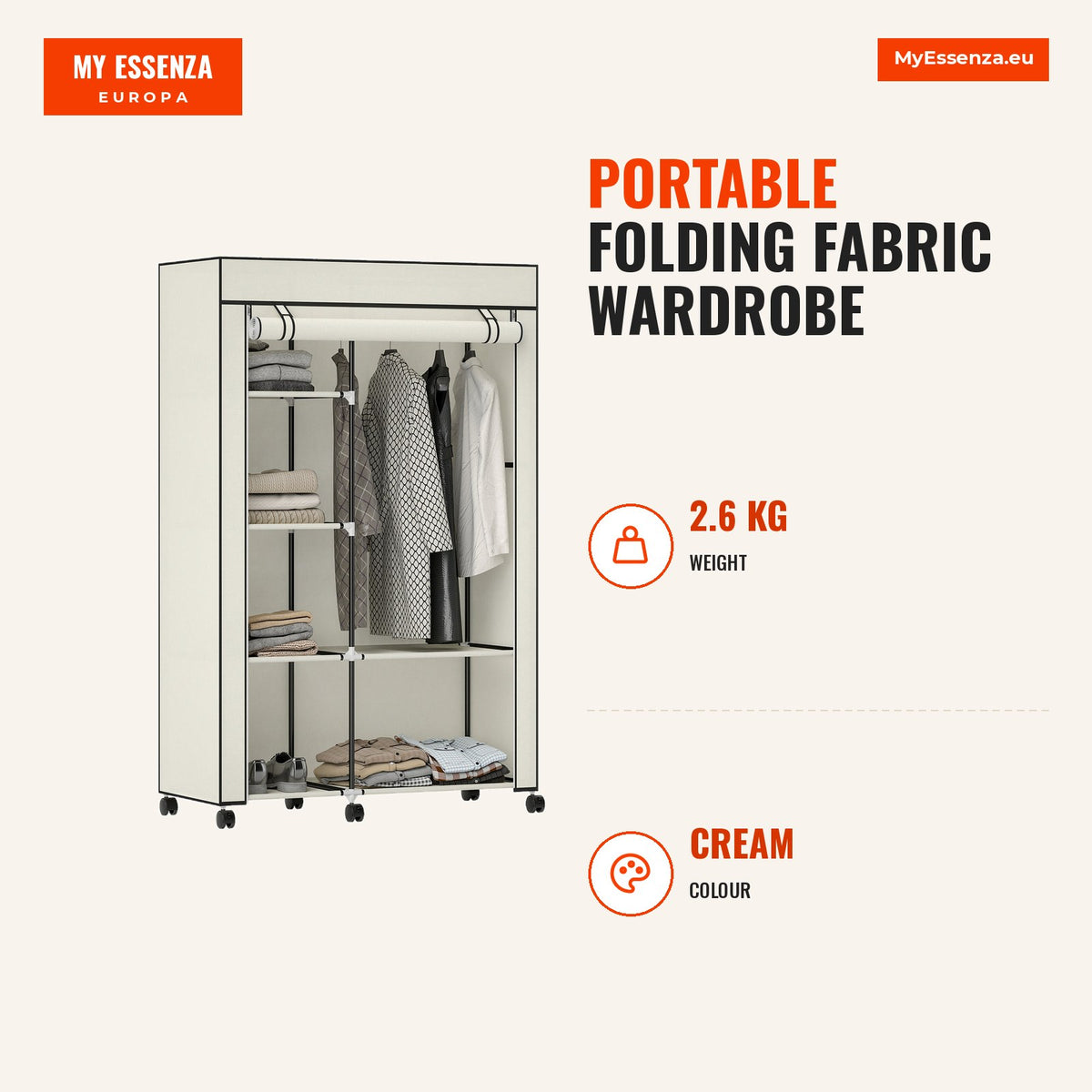 Roupeiro de Tecido Dobrável Armário de Roupa Portátil com 6 Prateleiras 1 Barra de Pendurar e Rodas para Dormitório Vestidor 103x43x162,5 cm Creme — Infografia | Infographic — dimensions