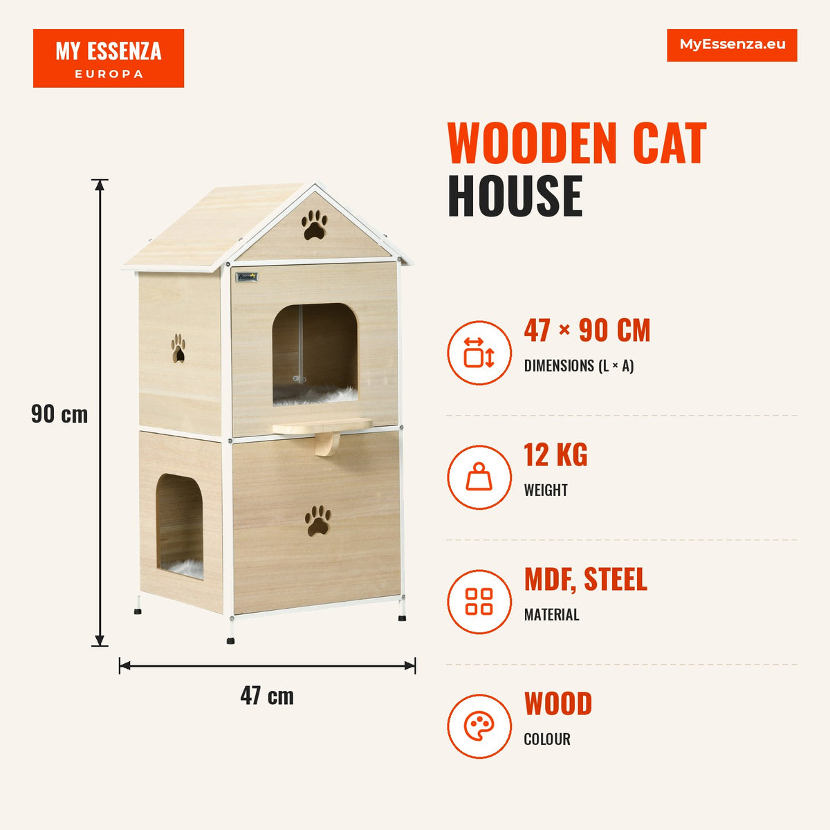 Casa para Gatos de Madeira Casa para Gatos de 2 Níveis Estilo Cabana com 2 Almofadas Laváveis e Plataforma Lateral 47x40x90 cm Madeira e Branco — Infografia | Infographic — dimensions