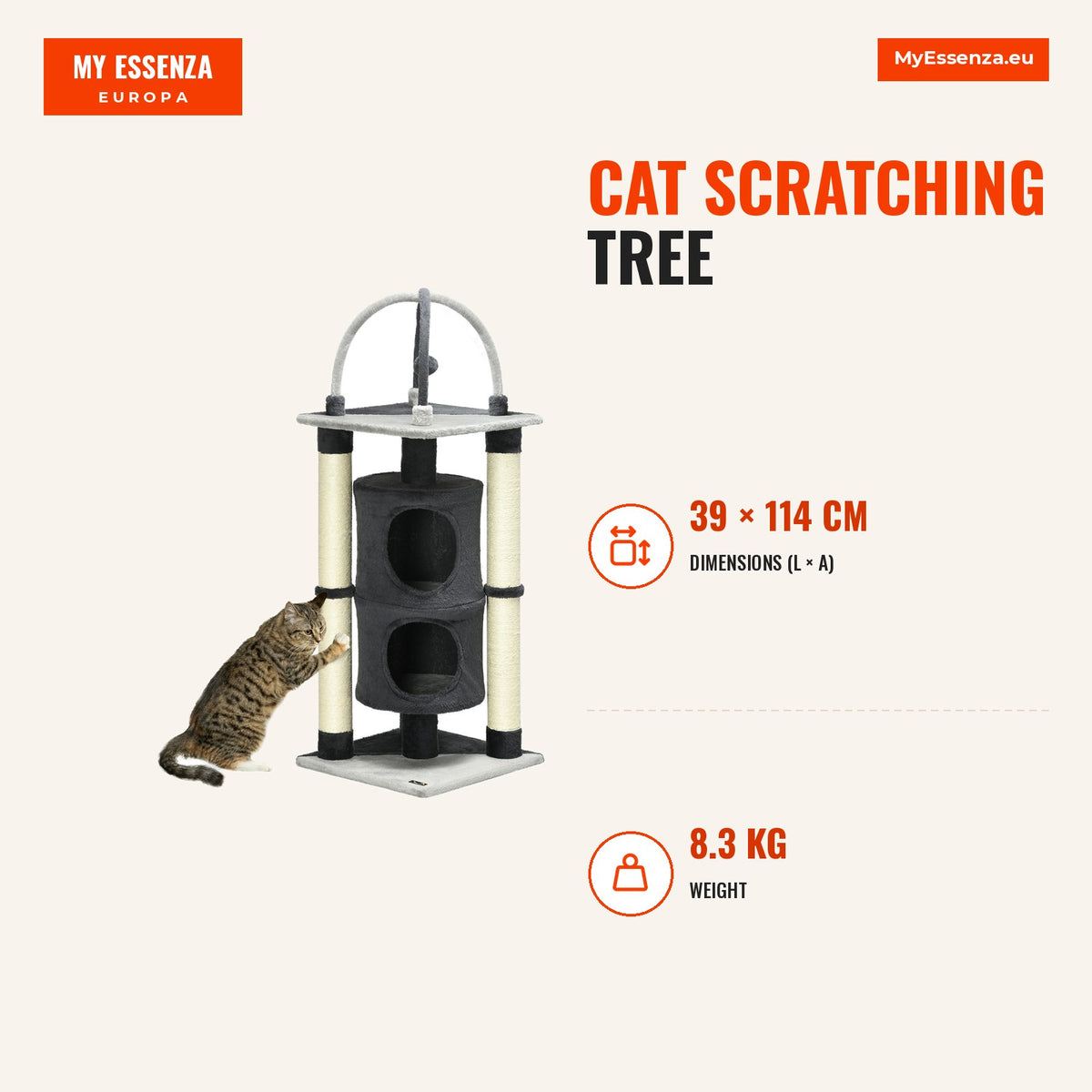 Árvore Arranhador para Gatos 114cm Barril Arranhador para Gatos de 2 Níveis com Plataforma Postes de Juta e Bola Suspensa 39x39x114cm Cinza — Infografia | Infographic — dimensions
