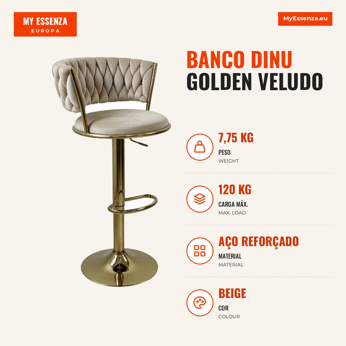 Banco Dinu Golden Veludo — Beige — Infografia — medidas