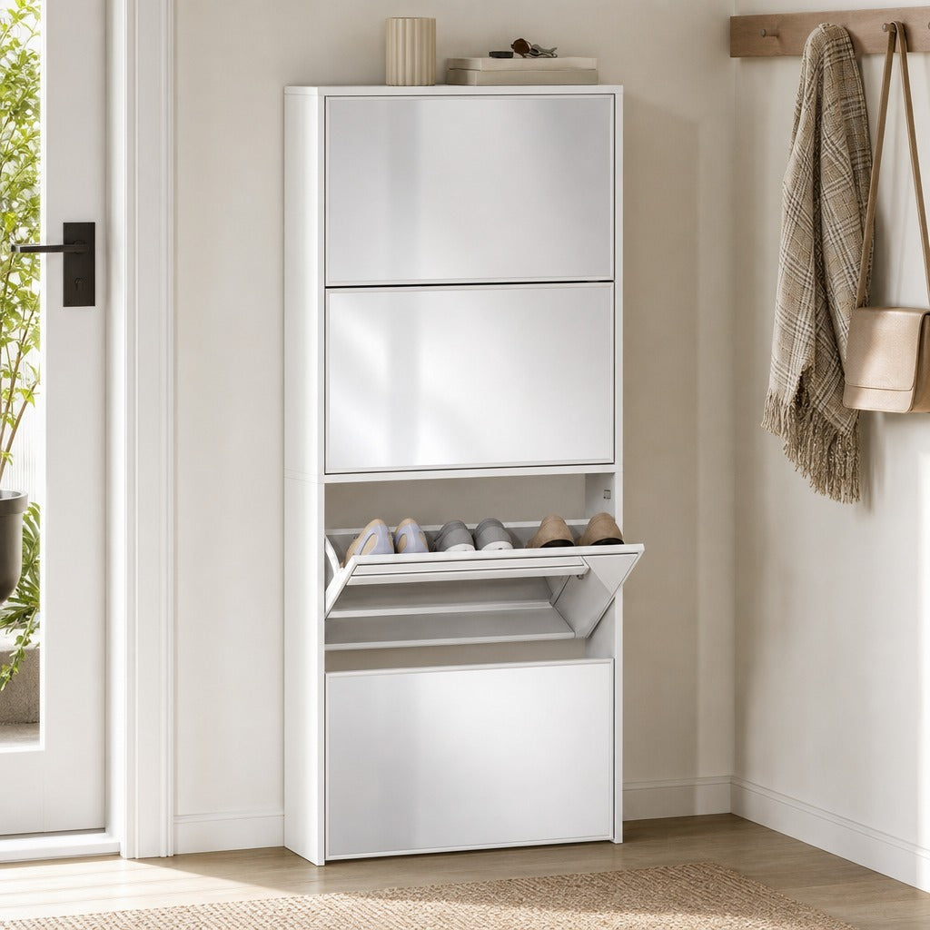 Sapateira Estreita com Espelho 4 Portas Abatíveis Sapateira para Entrada Corredor para 12 Pares de Sapatos Para Corredor Espaços Reduzidos 63x17x146 cm Branco — Ambiente | Lifestyle