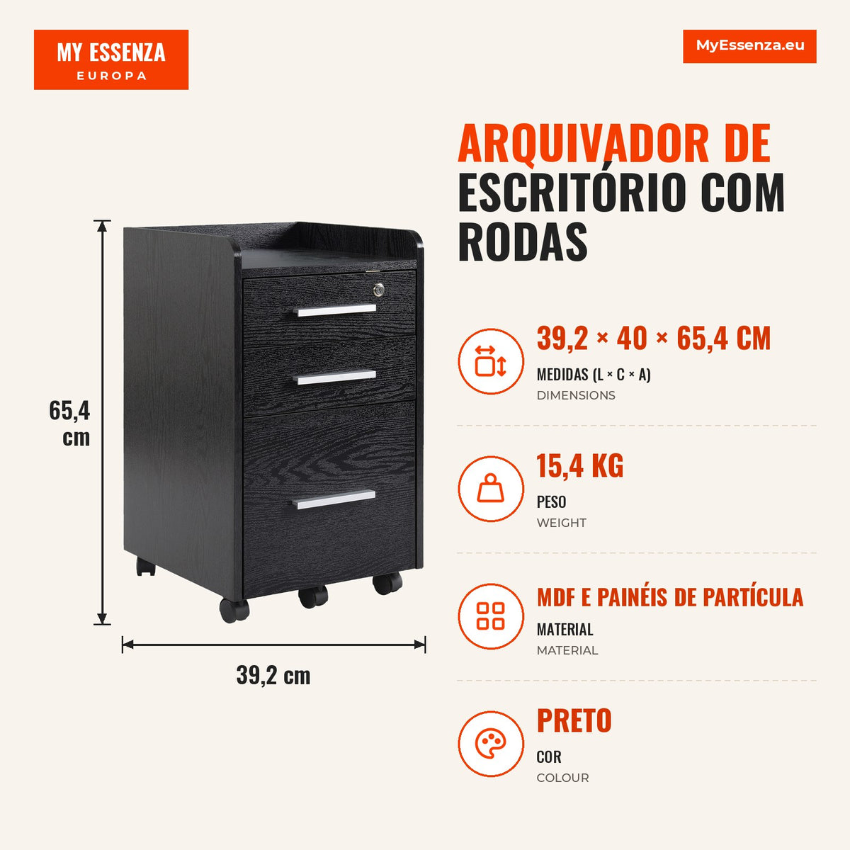 Arquivador de Escritório com Rodas 3 Gavetas 1 com Fechadura Móvel para Arquivos 39,2x40x65,4cm Preto — infografia 1