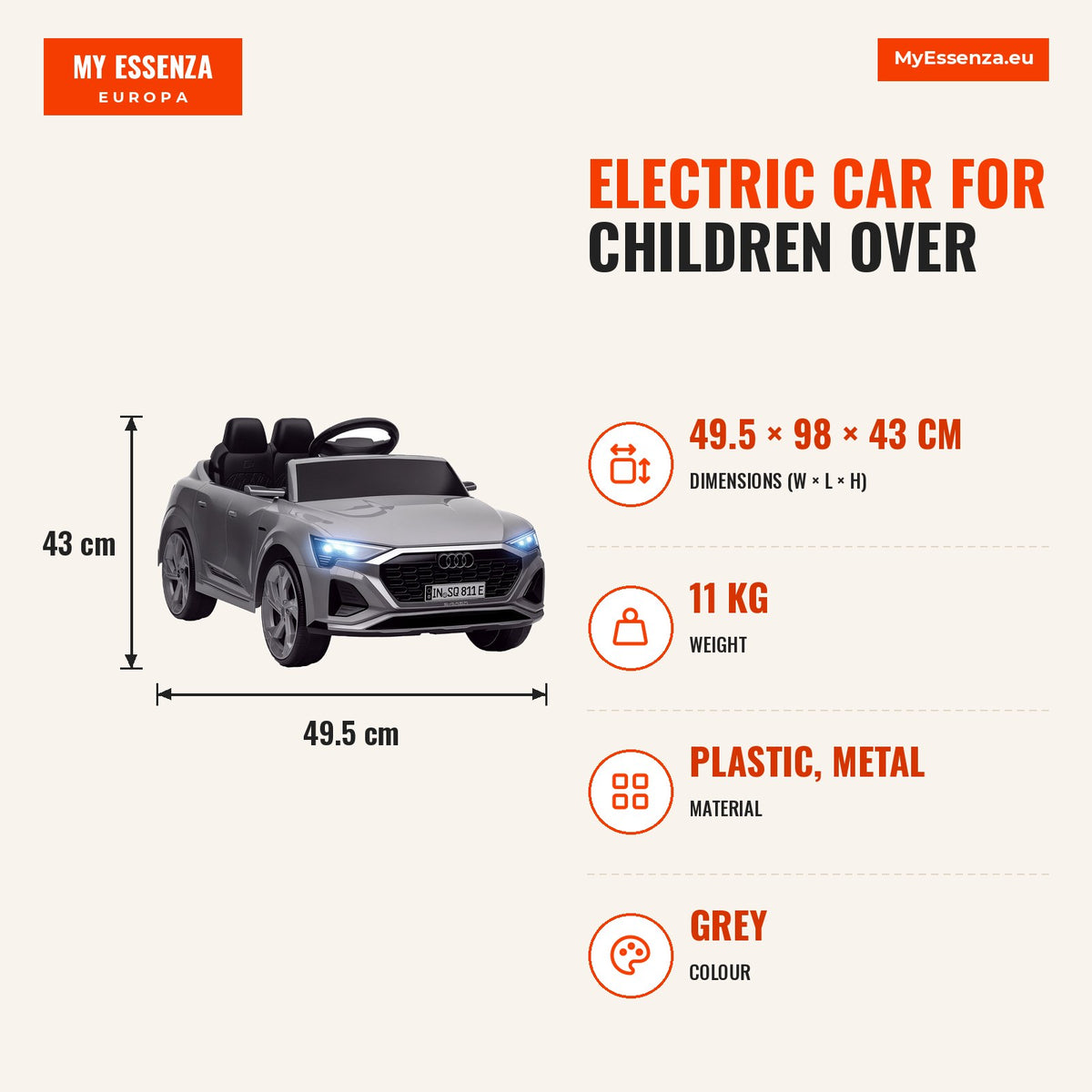 Carro Elétrico para Crianças acima de 3 Anos Carro Audi Q8 Etron Sportback Infantil com Bateria 12V Controlo Remoto Faróis Buzina e Música 98x49,5x43  — Infografia | Infographic — dimensions