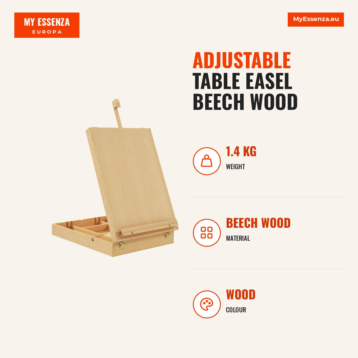 Cavalete de Mesa Ajustável Caixa de Cavalete em Madeira de Faia com 5 Compartimentos Prancha de Desenho e Esboços Dobrável para Adultos e Iniciantes A — Infografia | Infographic — dimensions