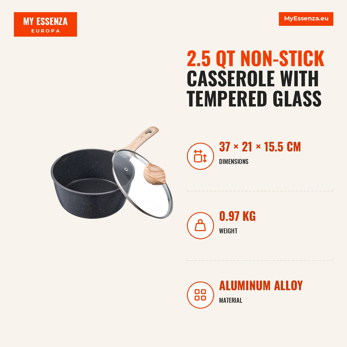 Caçarola 2,5 QT anti-aderente, tampa vidro temperado — Infografia | Infographic — dimensions