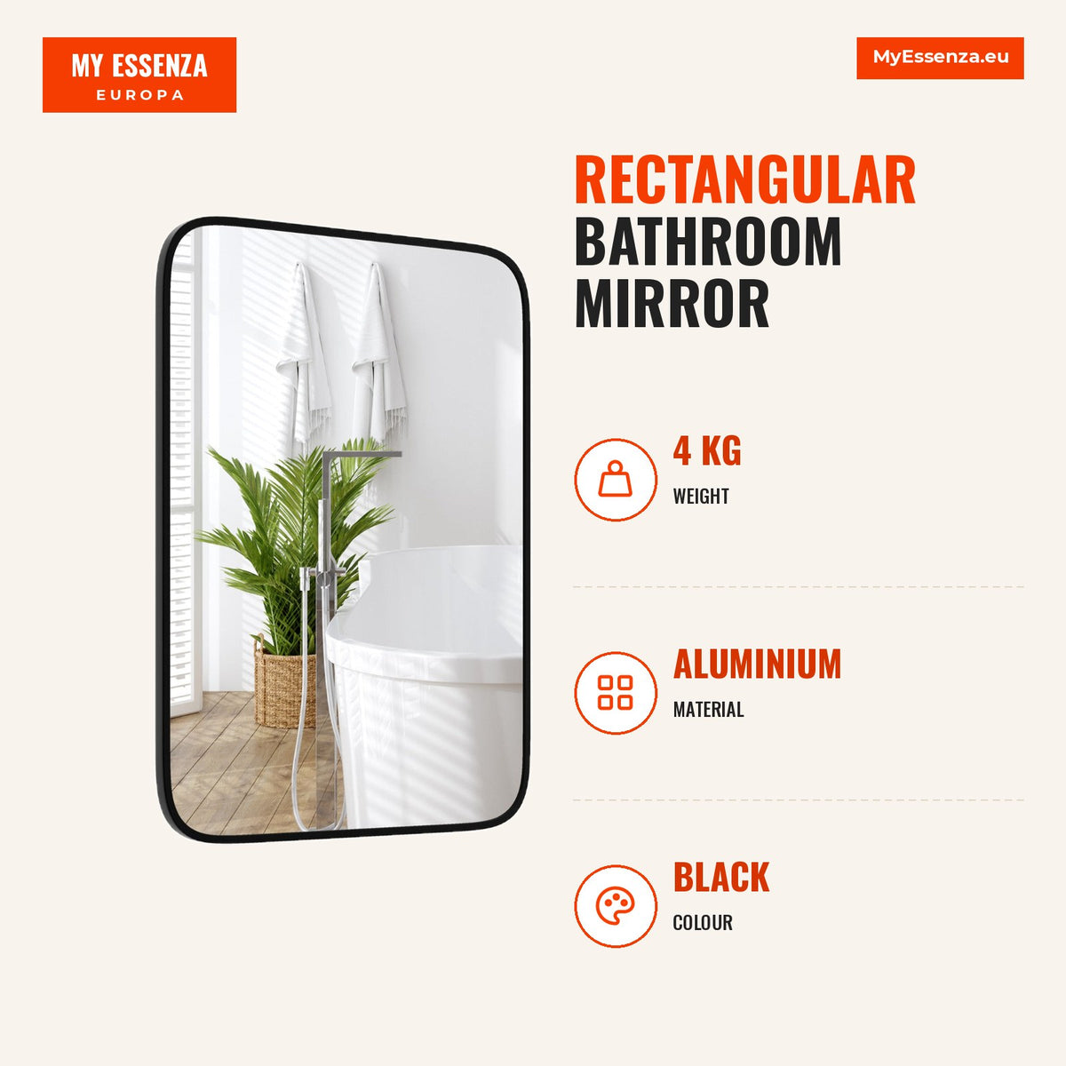 Espelho de Casa de Banho Retangular 70 x 50 x 2 cm com Moldura em Alumínio Preto — Infografia | Infographic — dimensions