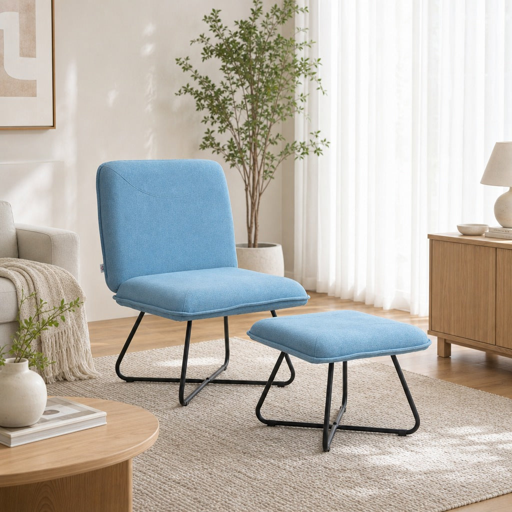 Poltrona Sala de Estar com Apoio para os Pés Poltrona Relax sem Apoio para os Braços com Pés de Aço em Forma de Cruz para Sala de Estar Dormitório Azul Claro — Ambiente | Lifestyle