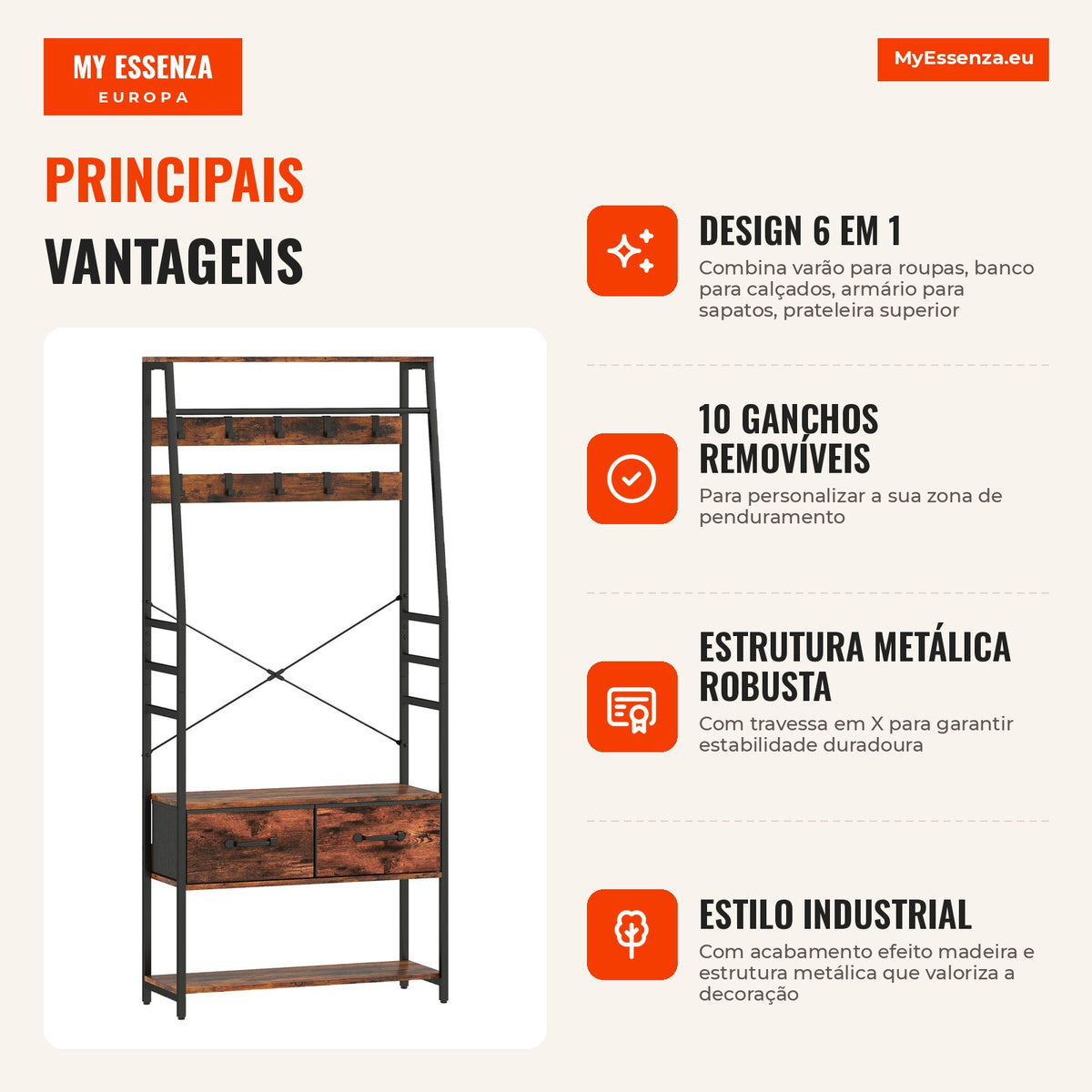 Móvel de Entrada 6 em 1 Cabideiro com Varão 2 Gavetas em Tecido 10 Ganchos 80x30x180 cm Marrom Rústico — infografia 1