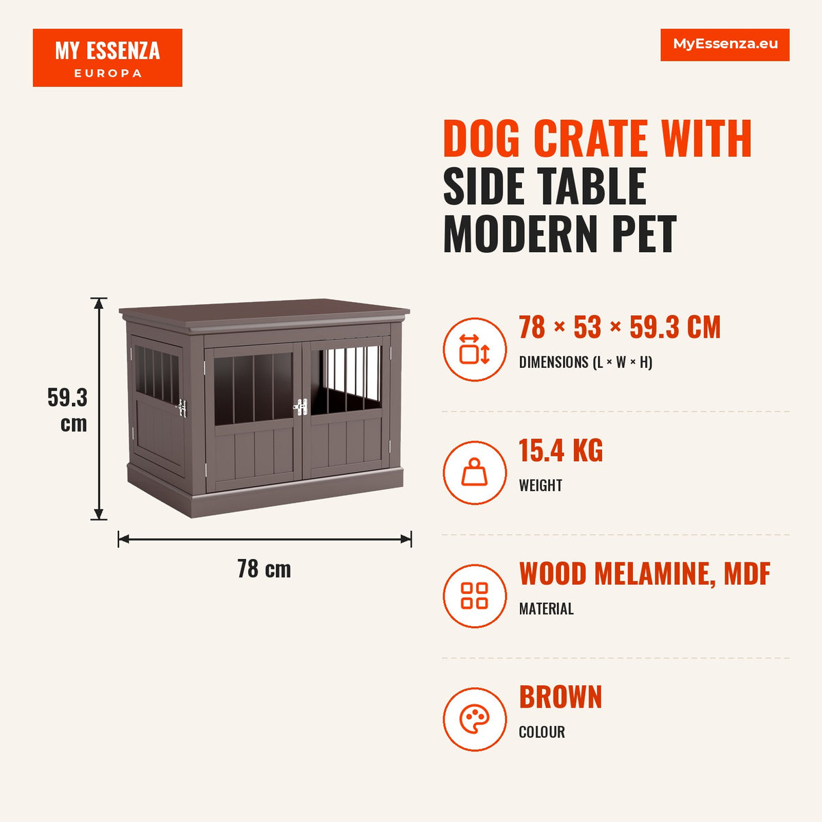 Gaiola para Cães com Mesa Auxiliar Casa para Animais de Estimação Moderna com 3 Portas Francês e Fecho Magnético para Cães Pequenos 78x53x59,3 cm Cast — Infografia | Infographic — dimensions