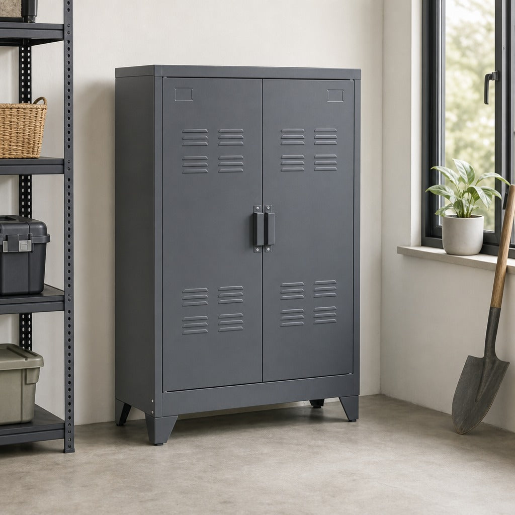 Armário de Metal de Armazenamento com Dupla Porta 2 Prateleiras com Altura Ajustável Armário Multiúso para Escritório Dormitório Garagem 75x33x110cm Cinza — Ambiente | Lifestyle