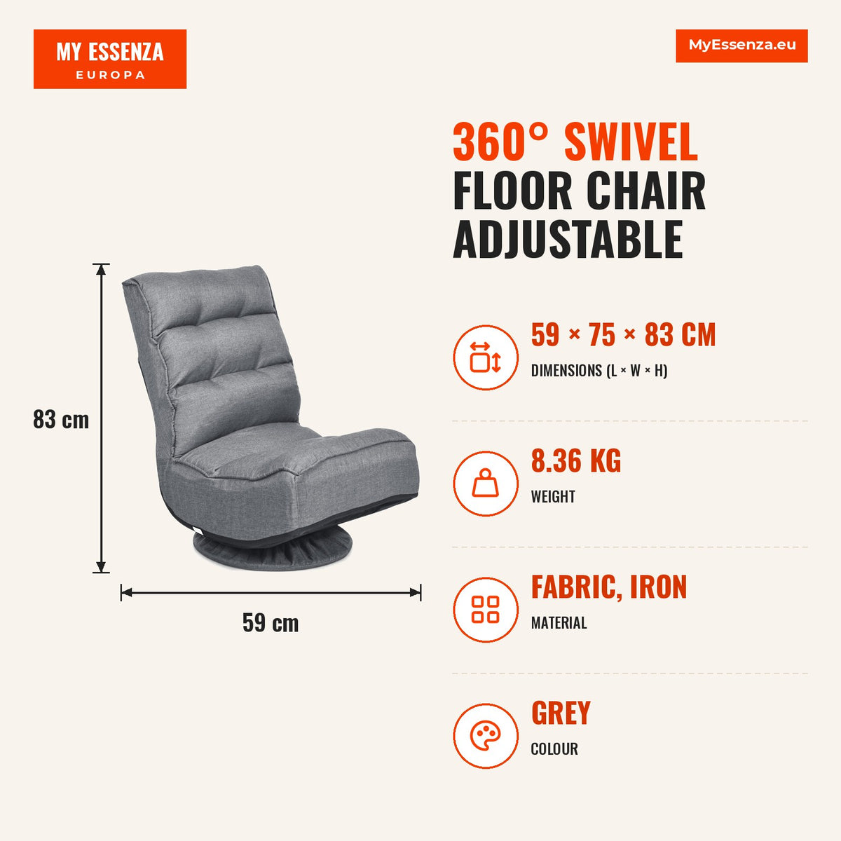 Cadeira de Chão Giratória 360° Regulável 5 Posições Gaming TV Leitura Cinza 59x75x83cm — Infografia | Infographic — dimensions