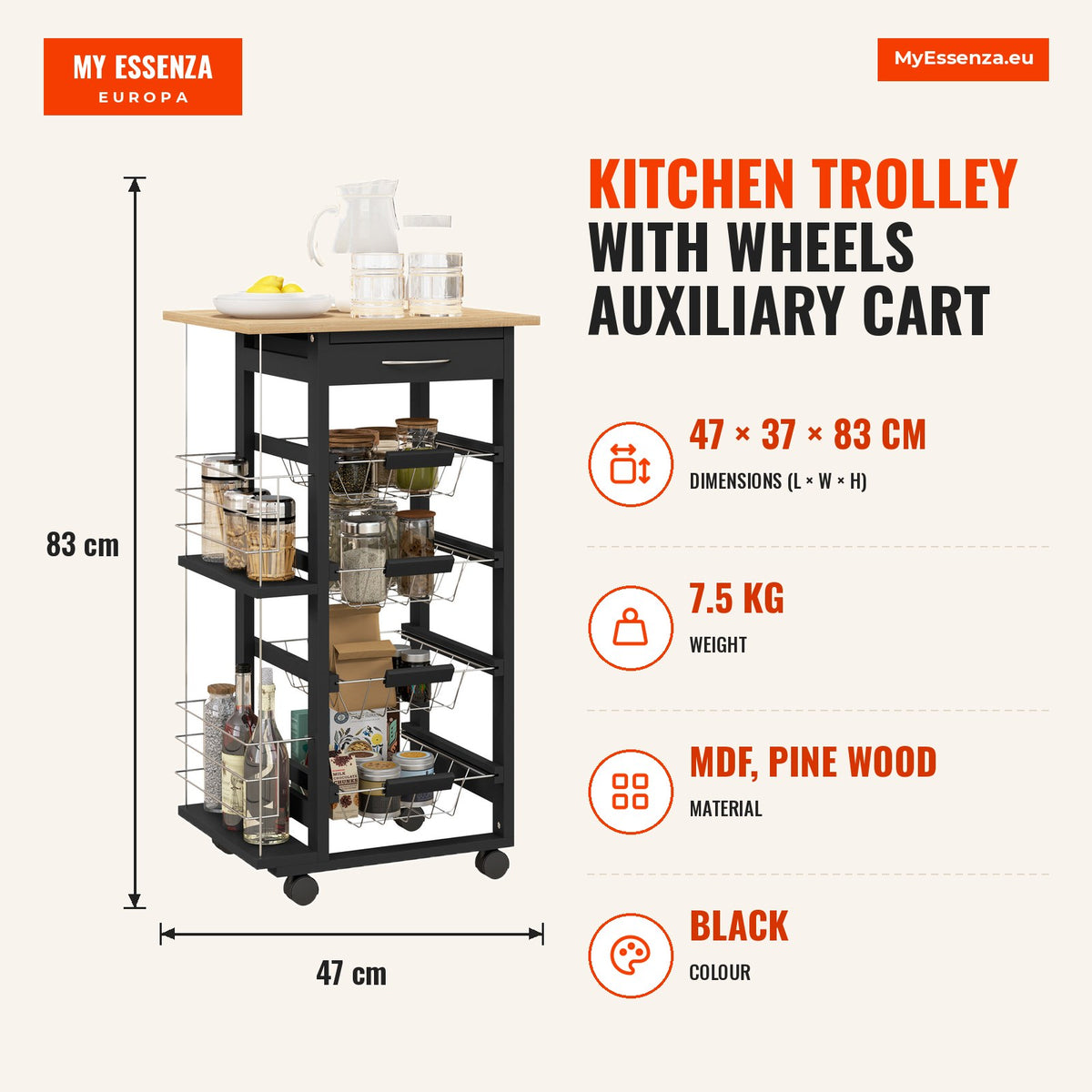 Carrinho de Cozinha com Rodas Carrinho Auxiliar com Gaveta 4 Cestas Amovíveis de Metal e Prateleiras Laterais 47x37x83 cm Preto e Madeira — Infografia | Infographic — dimensions