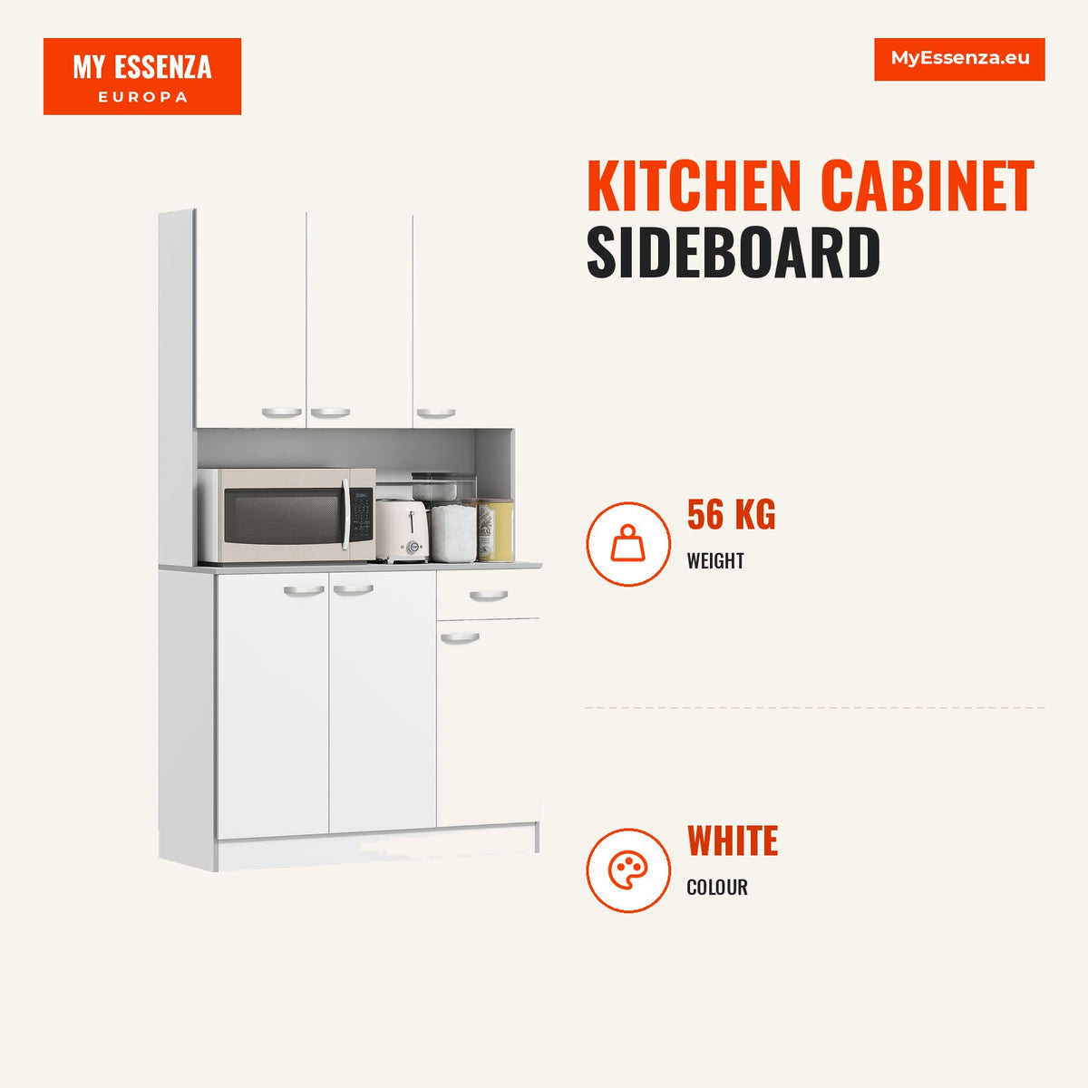 Armário de Cozinha Aparador de Sala de Jantar com 1 Gaveta 6 Portas e Prateleiras Ajustáveis Estilo Moderno 101x39x180 cm Branco — Infografia | Infographic — dimensions