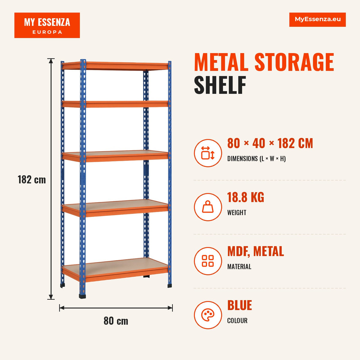 Estante Metálica de Armazenamento 80x40x182cm com 5 Prateleiras Altura Ajustável Carga Máxima por Prateleira 300kg para Armazenamento Garagem Oficina  — Infografia | Infographic — dimensions